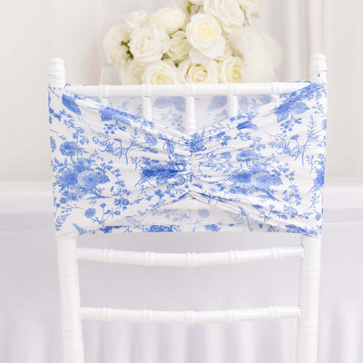 5 Pack Spandex Chair Sashes 8"x13" White/Blue French Toile Floral