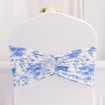 5 Pack White Blue Wide Ruffled Spandex Chair Sash Band in French Toile Floral Pattern - 8"x13"