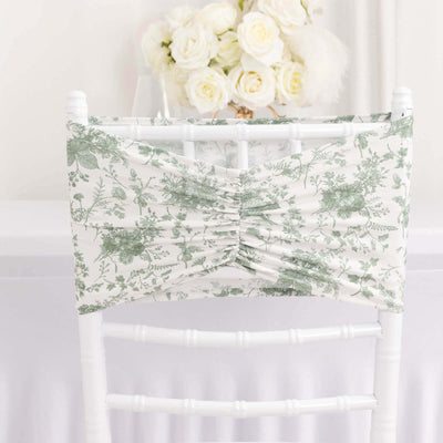 5 Pack Spandex Chair Sashes 8"x13" White/Dusty Sage Green French Toile Floral Pattern - Wide Durable Ruffled Stretch Chair Bands