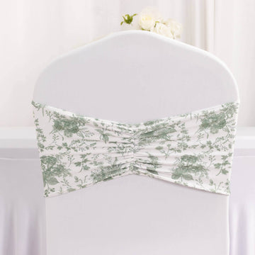 <h3 style="margin-left:0px;"><strong>Elegant Dusty Sage Green French Toile Pattern Wide Ruffled Spandex Chair Sash Bands</strong>