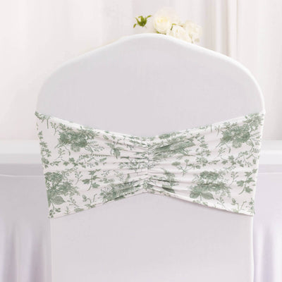 5 Pack Spandex Chair Sashes 8"x13" White/Dusty Sage Green French Toile Floral Pattern - Wide Durable Ruffled Stretch Chair Bands