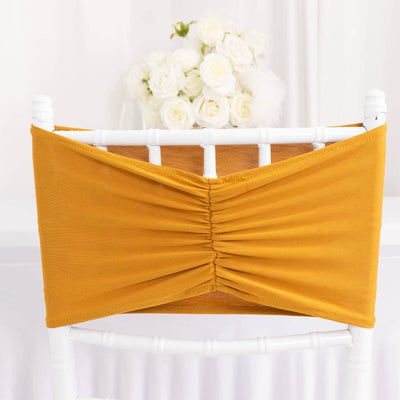 5 Pack Spandex Chair Sashes 8"x13" Gold Ruffled Style - Wide Wrinkle-Free Stretch Chair Bands for Professional-Looking Setups