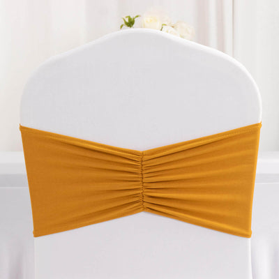 5 Pack Spandex Chair Sashes 8"x13" Gold Ruffled Style - Wide Wrinkle-Free Stretch Chair Bands for Professional-Looking Setups