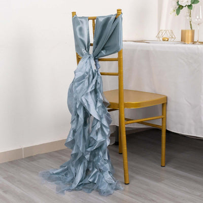 5 Pack Chiffon Satin Chair Sashes Dusty Blue Curly Willow Style - Easy to Use Flowy Chair Bows