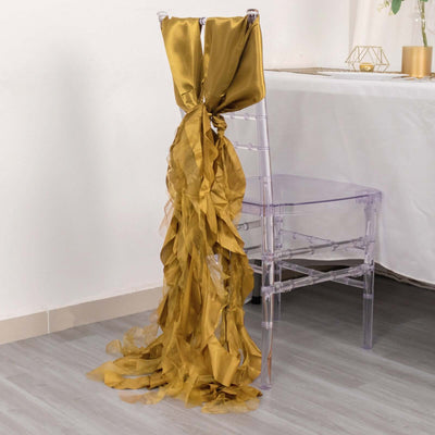 5 Pack Chiffon Satin Chair Sashes Gold Curly Willow Style - Easy to Use Flowy Chair Bows for Soft & Romantic Event Decor