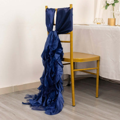 5 Pack Chiffon Satin Chair Sashes Navy Blue Curly Willow Style - Easy to Use Flowy Chair Bows