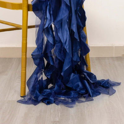 5 Pack Chiffon Satin Chair Sashes Navy Blue Curly Willow Style - Easy to Use Flowy Chair Bows