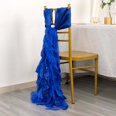5 Pack Chiffon Satin Chair Sashes Royal Blue Curly Willow Style - Easy to Use Flowy Chair Bows