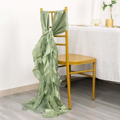 5 Pack Chiffon Satin Chair Sashes Sage Green Curly Willow Style - Easy to Use Flowy Chair Bows