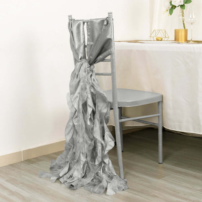 5 Pack Chiffon Satin Chair Sashes Silver Curly Willow Style - Easy to Use Flowy Chair Bows