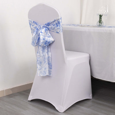 5 Pack Satin Chair Sashes 6"x108" White/Blue French Toile Floral Pattern - Smooth & Durable Chair Bows for Chic Weddings, Parties & Events