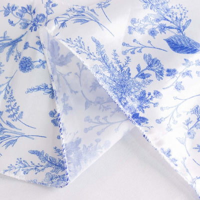 5 Pack Satin Chair Sashes 6"x108" White/Blue French Toile Floral Pattern - Smooth & Durable Chair Bows for Chic Weddings, Parties & Events