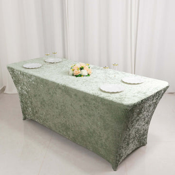 Enhance Your Event Decor with the Sage Green Crushed Velvet Stretch Fitted Rectangular Table Cover