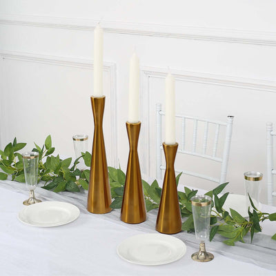 Set of 3 Gold Metal Taper Candle Holders 8", 9", 11" Hourglass Style - Nordic European Design