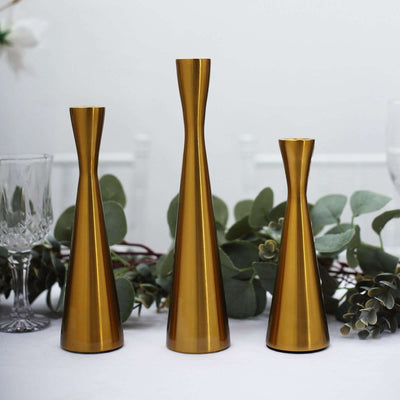 Set of 3 Gold Metal Taper Candle Holders 8", 9", 11" Hourglass Style - Nordic European Design