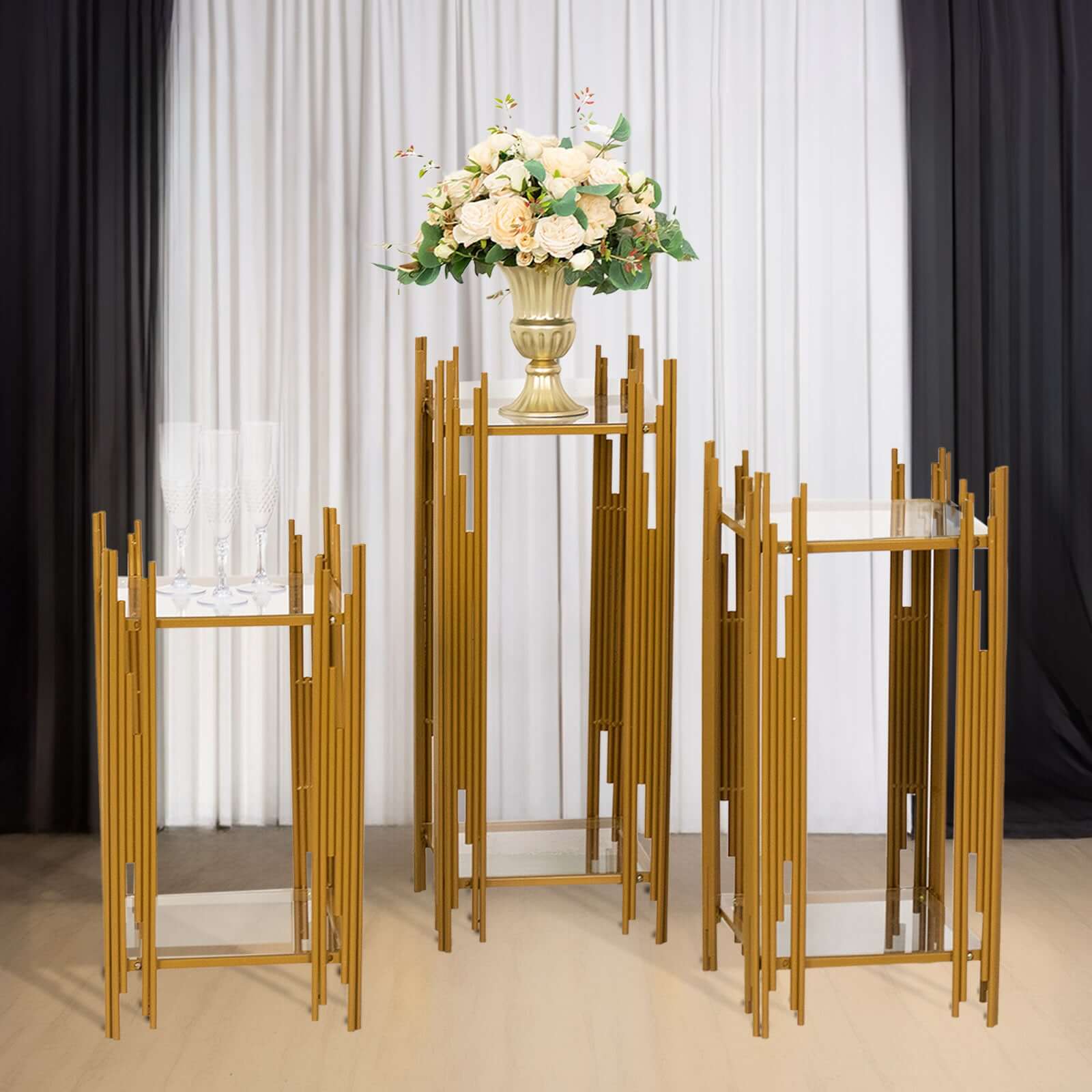 Set of 3 Gold Metal Plinths Flower Display Stands With Square Acrylic ...