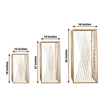 Set of 3 Gold Metal Square Plinth Pedestal Stands with Geometric Crossed Lines Pattern