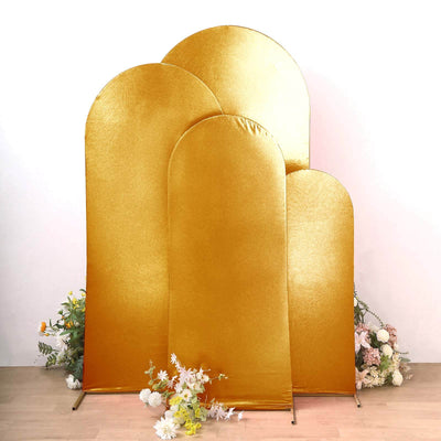 Set of 4 Gold Spandex Chiara Backdrop Stand Covers with Metallic Finish, Fitted Covers For Round Top Wedding Arches - 4ft,5ft,6ft,7ft