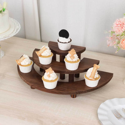 Set of 3 Wooden Dessert Pedestals 7", 13", 18" Rustic Brown 3-Tier Semicircle Design - Half Moon Cupcake Display Risers