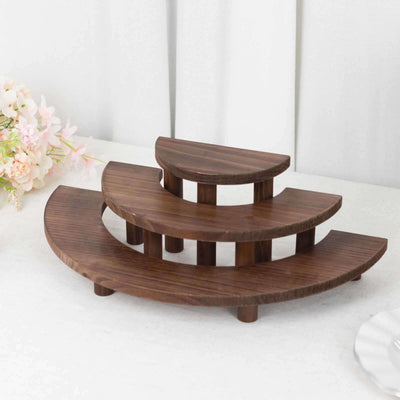 Set of 3 Wooden Dessert Pedestals 7", 13", 18" Rustic Brown 3-Tier Semicircle Design - Half Moon Cupcake Display Risers