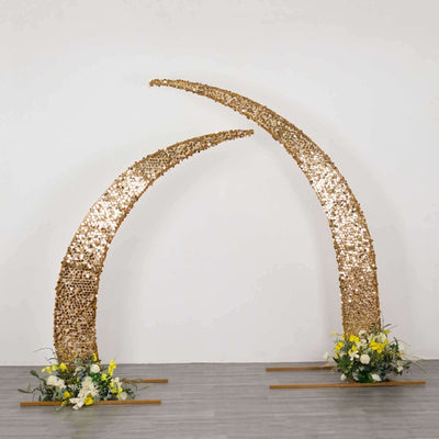Set of 2 Gold Big Payette Sequin Wedding Arch Cover for Half Crescent Moon Backdrop Stand, Sparkly Double Sided - 6.5ft, 8ft
