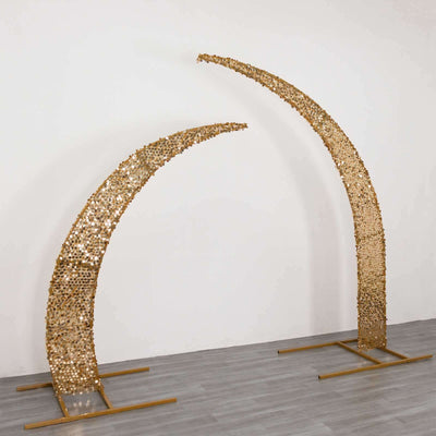 Set of 2 Gold Big Payette Sequin Wedding Arch Cover for Half Crescent Moon Backdrop Stand, Sparkly Double Sided - 6.5ft, 8ft