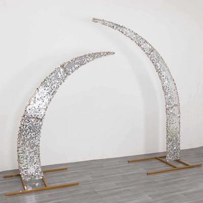 Set of 2 Silver Big Payette Sequin Wedding Arch Cover for Half Crescent Moon Backdrop Stand, Sparkly Double Sided - 6.5ft, 8ft