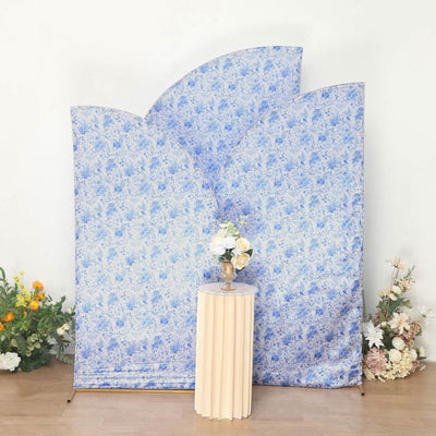 Set of 3 White Blue Satin Chiara Backdrop Stand Covers in French Toile Floral Pattern, Fitted Covers For Half Moon Wedding Arches 5ft, 6ft, 7ft