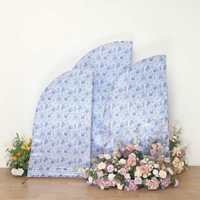 Set of 3 White Blue Satin Chiara Backdrop Stand Covers in French Toile Floral Pattern, Fitted Covers For Half Moon Wedding Arches 5ft, 6ft, 7ft