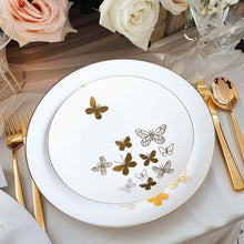 Set of 20 White Gold Butterfly Round Plastic Plates, Disposable Dinner and Salad Plates