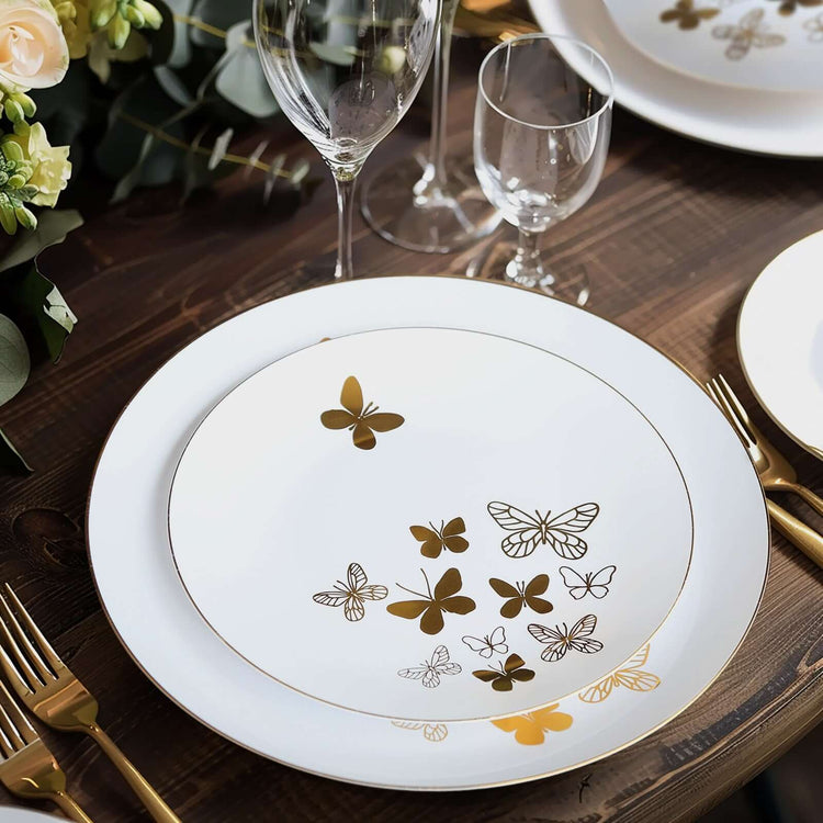 Set of 20 White Gold Butterfly Round Plastic Plates, Disposable Dinner and Salad Plates