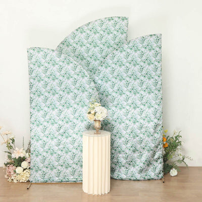 Set of 3 White Green Satin Chiara Backdrop Stand Covers With Eucalyptus Leaves Print, Fitted Covers For Half Moon Wedding Arches 5ft, 6ft, 7ft
