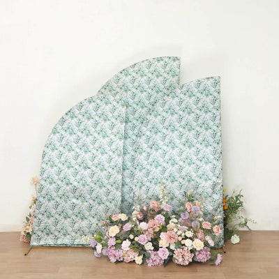 Set of 3 White Green Satin Chiara Backdrop Stand Covers With Eucalyptus Leaves Print, Fitted Covers For Half Moon Wedding Arches 5ft, 6ft, 7ft