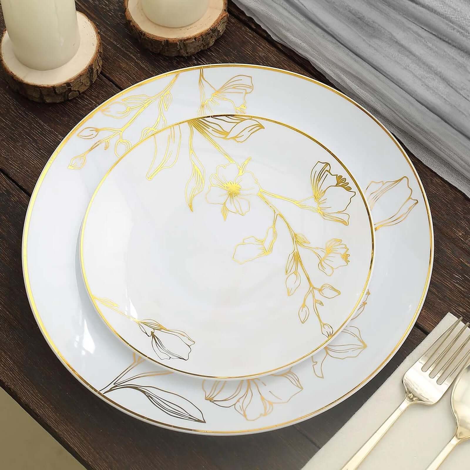 Set of 20 White Gold Floral Plastic Plates | eFavormart.com