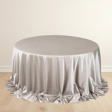 Shimmer Silver Premium Scuba Round Tablecloth, Wrinkle Free Seamless Polyester Tablecloth - 132" for 6 Foot Table With Floor-Length Drop