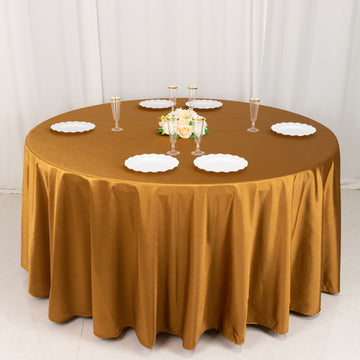 Shimmer Gold Premium Scuba Round Tablecloth, Wrinkle Free Seamless Polyester Tablecloth - 120" for 5 Foot Table With Floor-Length Drop