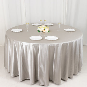 <strong>Elevate Your Dining Experience with Shimmer Silver Premium Scuba Round Tablecloth</strong>