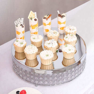 Metal Cake Stand Pedestal 16" Crystal Beaded Design Silver - Cupcake Display and Dessert Riser