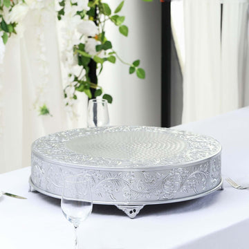 Silver Embossed Cake Stand Riser Matte Metal Cake Pedestal 22" Round