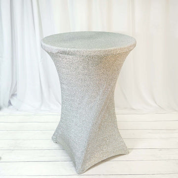 Silver Metallic Shiny Glittered Spandex Cocktail Table Cover