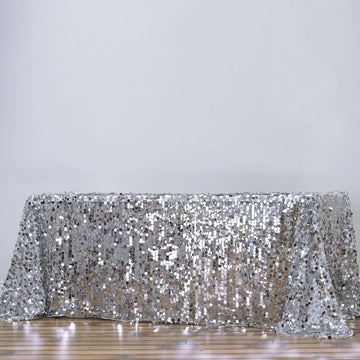 Silver Seamless Big Payette Sequin Rectangle Tablecloth Premium 90"x156" for 8 Foot Table With Floor-Length Drop