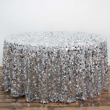 Silver Seamless Big Payette Sequin Round Tablecloth Premium Collection 120" for 5 Foot Table With Floor-Length Drop