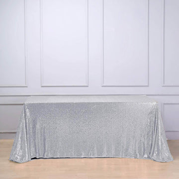 Silver Seamless Premium Sequin Rectangle Tablecloth 90"x132" for 6 Foot Table With Floor-Length Drop