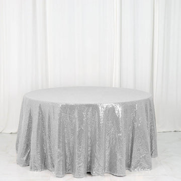 Silver Seamless Premium Sequin Round Tablecloth 120" for 5 Foot Table With Floor-Length Drop