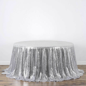 Silver Seamless Premium Sequin Round Tablecloth, Sparkly Tablecloth 132" for 6 Foot Table With Floor-Length Drop