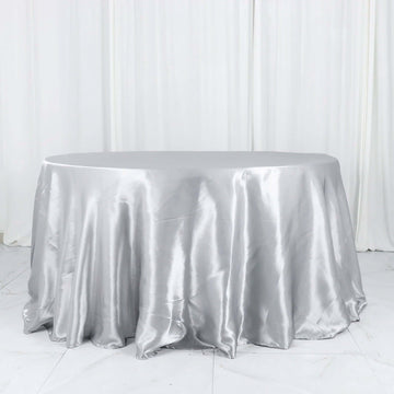 Silver Seamless Satin Round Tablecloth 132" for 6 Foot Table With Floor-Length Drop