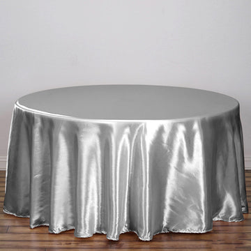Silver Seamless Satin Round Tablecloth 120" for 5 Foot Table With Floor-Length Drop