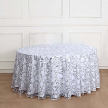 Silver Sequin Leaf Embroidered Seamless Tulle Round Tablecloth, Sheer Table Overlay 120" for 5 Foot Table With Floor-Length Drop