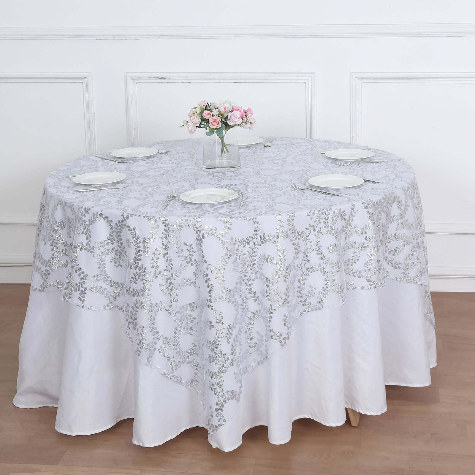 Sparkly Silver Leaf Vine Embroidered Sequin Tulle Cloth Dinner