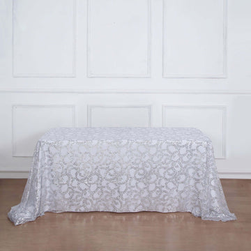 Silver Sequin Leaf Embroidered Tulle Rectangular Tablecloth 90"x156" for 8 Foot Table With Floor-Length Drop